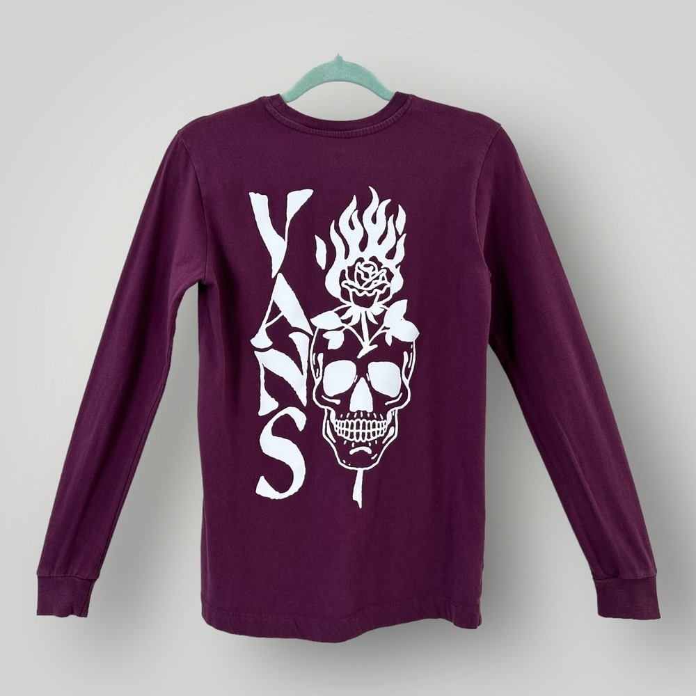 Vans T-Shirt Adult XS Skull Flaming Rose Purple Long Sleeves Double Side Graphic